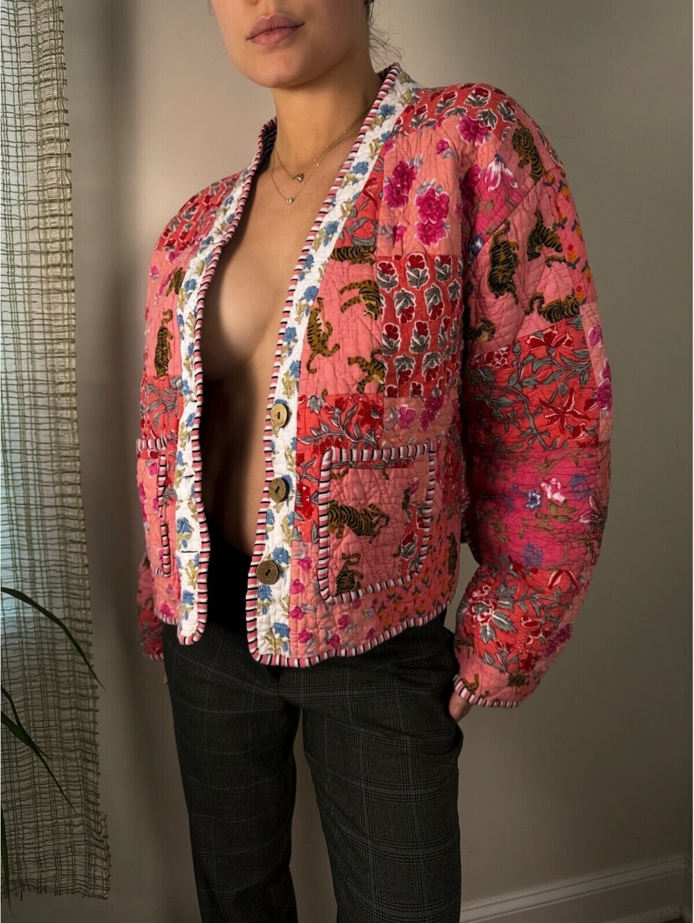 Pink Tiger Patchwork Quilted Cotton Jacket Boho Block Print